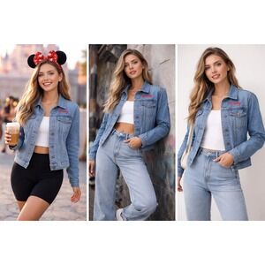 Disney‎ Denim Jacket XS Embroidered Logo Blue Jean Jacket Casual Y2K Soft Grunge